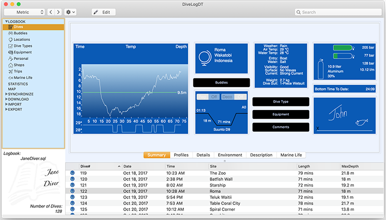 The Summary tab show’s most elements of a dive “at a glance”